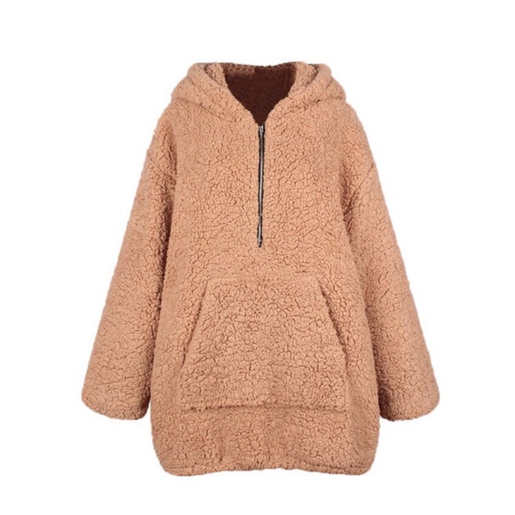 Half Zip Teddy Fluffy Kangaroo Pocket Hoodie - Picture 5 of 6